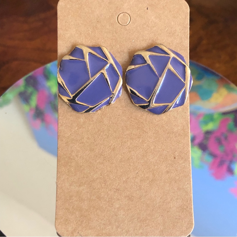 Vintage purple enamel geometric shape pierced earrings